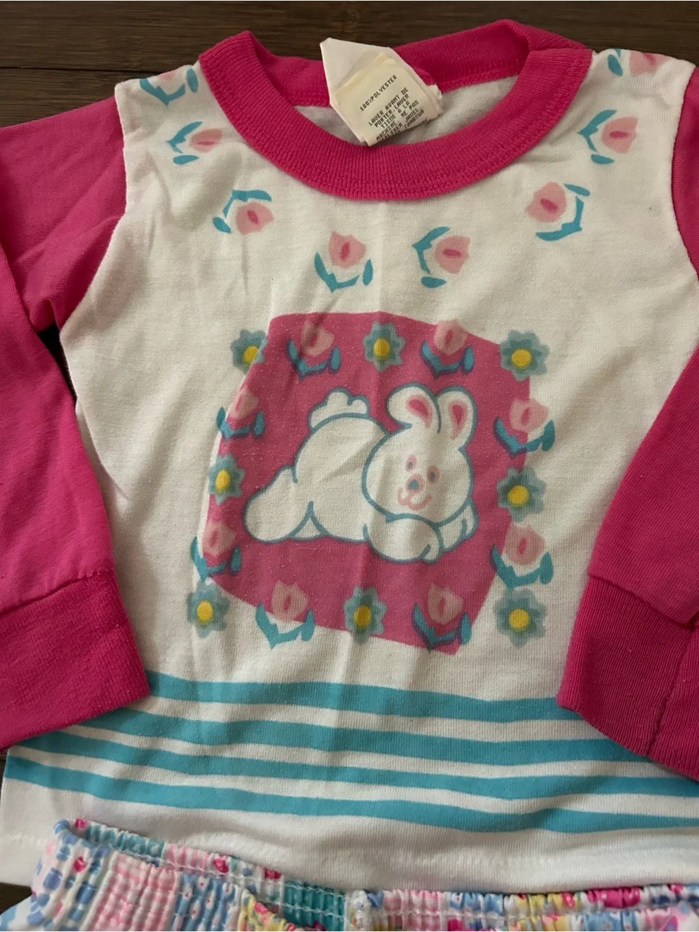 Vintage Fisher-Price Bunny Pajama Set Girls 3T Patchwork Pink USA Toddler 2 Pc